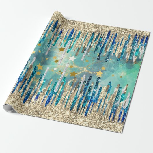 Chique blauw, turquoise en goud cadeaupapier (Uitgerold)