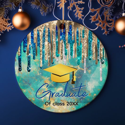 Chique blauw turquoise gouden glitter druppels afs keramisch ornament