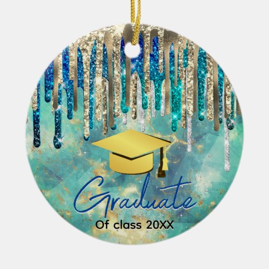 Chique blauw turquoise gouden glitter druppels afs keramisch ornament (Voorkant)