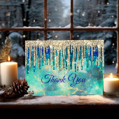 Chique blauw turquoise gouden glitter druppels bedankkaart