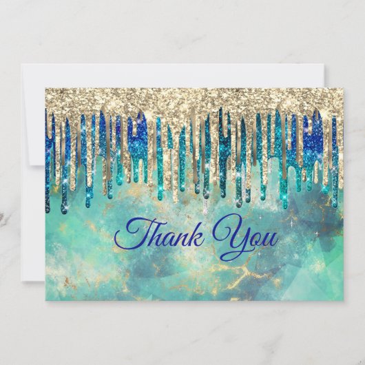 Chique blauw turquoise gouden glitter druppels bedankkaart (Voorkant)