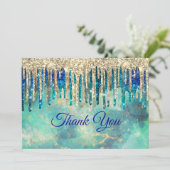 Chique blauw turquoise gouden glitter druppels bedankkaart (Staand voorkant)