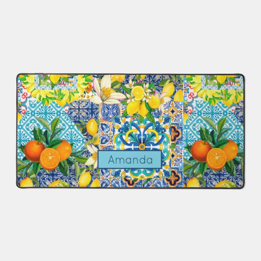 Chique blauw turquoise siciliaanse citrus bloemige bureaumat (Voorkant)