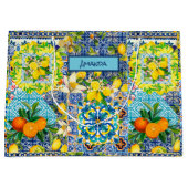 Chique blauw turquoise siciliaanse citrus bloemige groot cadeauzakje (Voorkant)