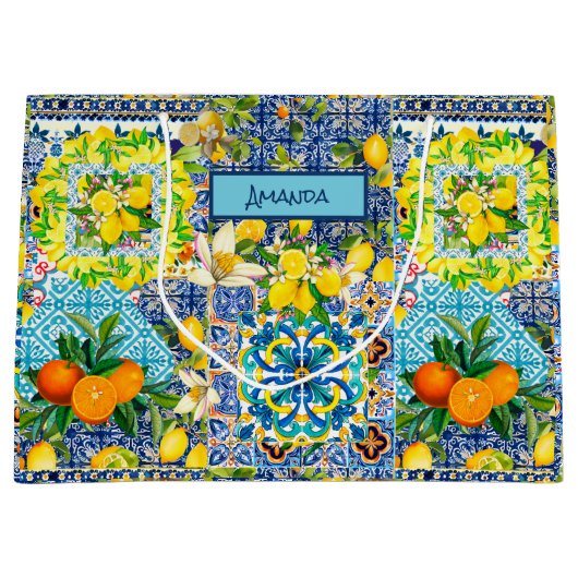Chique blauw turquoise siciliaanse citrus bloemige groot cadeauzakje (Voorkant)