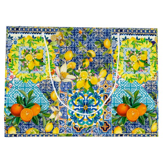 Chique blauw turquoise siciliaanse citrus bloemige groot cadeauzakje (Achterkant)