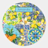 Chique blauw turquoise siciliaanse citrus bloemige ronde sticker (Voorkant)