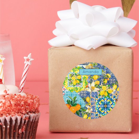 Chique blauw turquoise siciliaanse citrus bloemige ronde sticker (Feest)