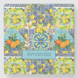 Chique blauw turquoise siciliaanse citrus bloemige stenen onderzetter