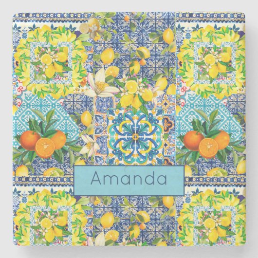 Chique blauw turquoise siciliaanse citrus bloemige stenen onderzetter (Voorkant)