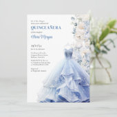 Chique blauw weelderige jurk waterverf bloemen pio kaart (Staand voorkant)