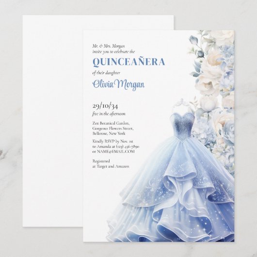 Chique blauw weelderige jurk waterverf bloemen pio kaart (Voorkant / Achterkant)