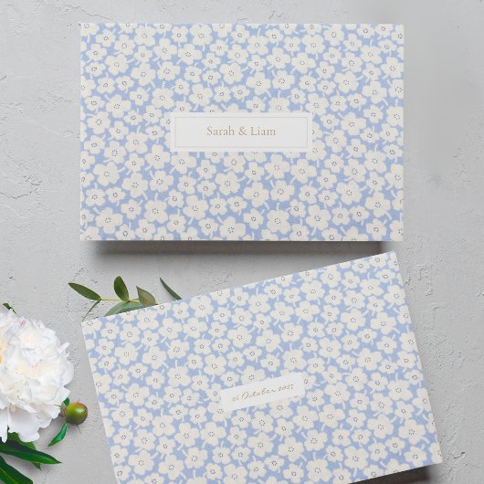 Chique Blauw & Wit Bloemen Paar Bruiloft Gastenboek