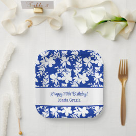 Chique Blauw Wit Bloemen Patroon 70e Verjaardag Papieren Bordje