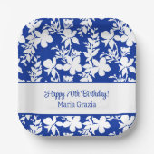 Chique Blauw Wit Bloemen Patroon 70e Verjaardag Papieren Bordje (Voorkant)
