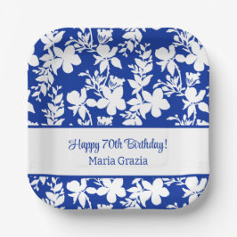 Chique Blauw Wit Bloemen Patroon 70e Verjaardag Papieren Bordje