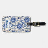 Chique Blauw wit bloemenchinoiserie toile monogram Bagagelabel (Voorkant horizontaal)