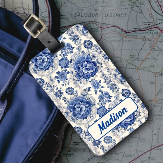 Chique Blauw wit bloemenchinoiserie toile monogram Bagagelabel