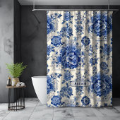 Chique Blauw wit bloemenchinoiserie toile monogram Douchegordijn