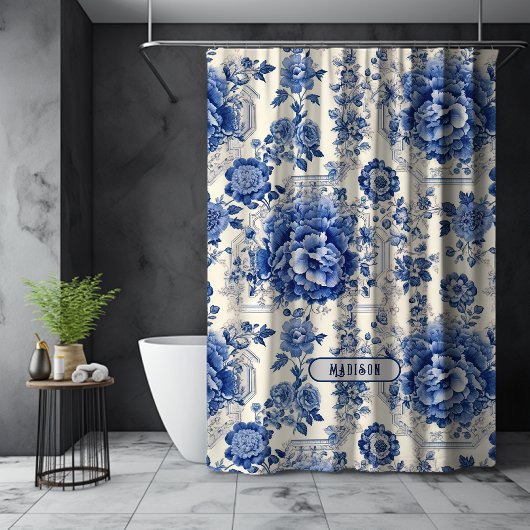 Chique Blauw wit bloemenchinoiserie toile monogram Douchegordijn