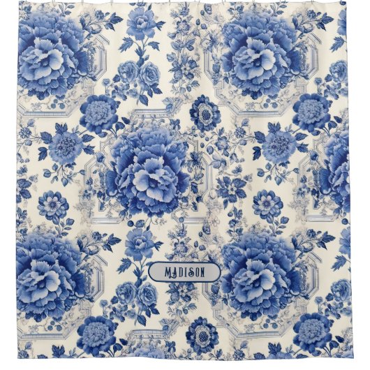 Chique Blauw wit bloemenchinoiserie toile monogram Douchegordijn (Voorkant)