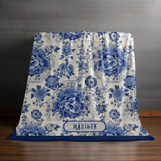 Chique Blauw wit bloemenchinoiserie toile monogram Fleece Deken