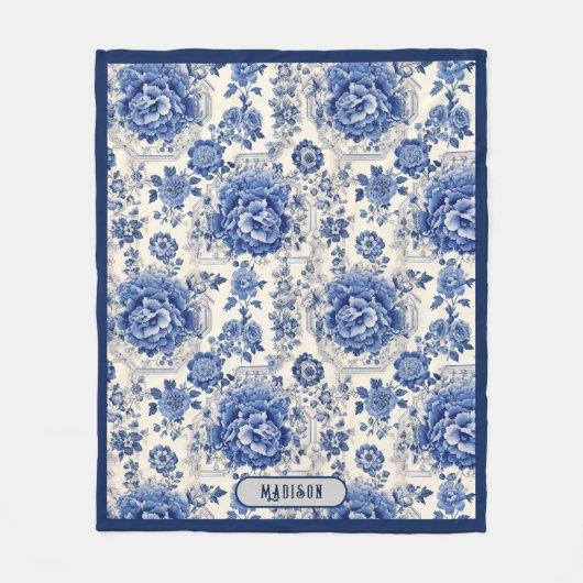 Chique Blauw wit bloemenchinoiserie toile monogram Fleece Deken (Voorkant)