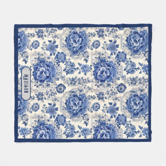 Chique Blauw wit bloemenchinoiserie toile monogram Fleece Deken (Voorkant (Horizontaal))