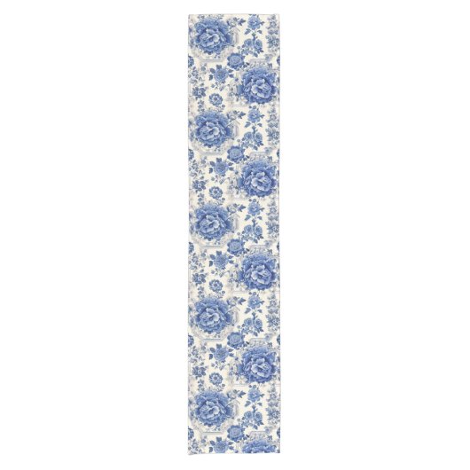 Chique Blauw wit bloemenchinoiserie toile monogram Korte Tafelloper (Voorkant)