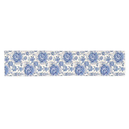 Chique Blauw wit bloemenchinoiserie toile monogram Korte Tafelloper (Horizontaal)