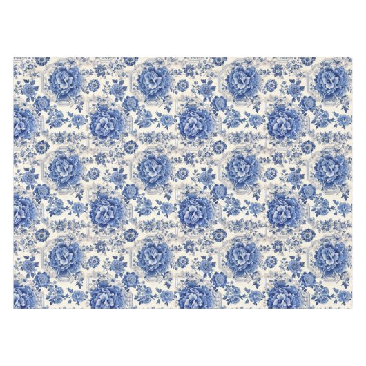Chique Blauw wit bloemenchinoiserie toile monogram Tafelkleed (Voorkant (Horizontaal))