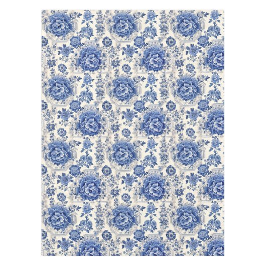 Chique Blauw wit bloemenchinoiserie toile monogram Tafelkleed (Voorkant)
