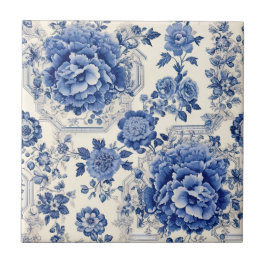 Chique Blauw wit bloemenchinoiserie toile monogram Tegeltje