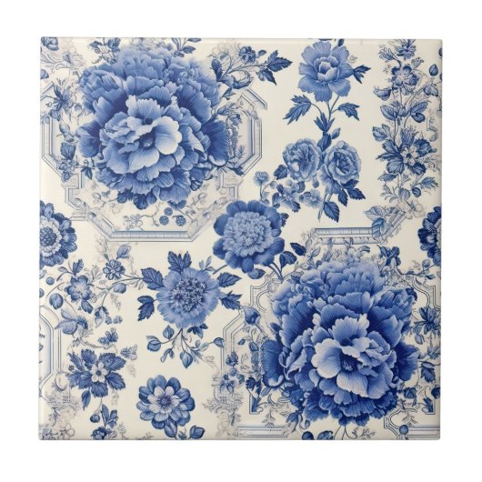 Chique Blauw wit bloemenchinoiserie toile monogram Tegeltje (Voorkant)