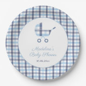 Chique blauw wit check Buggy Boy Baby shower Party Papieren Bordje (Voorkant)