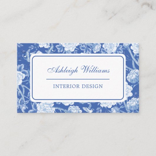 Chique Blauw Wit Chinoiserie Bloem Interieur Desig Visitekaartje (Voorkant)