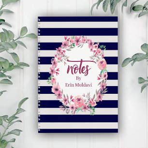 Chique Blauw & Wit Gestreept Floral Lijst Journal/ Notitieboek