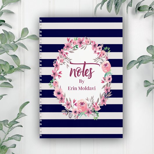 Chique Blauw & Wit Gestreept Floral Lijst Journal/ Notitieboek