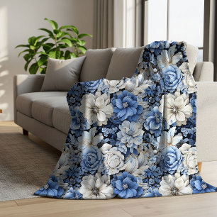 Chique Blauw Wit Ivoor Bloem Motief Knus Zachte Fl Sherpa Deken