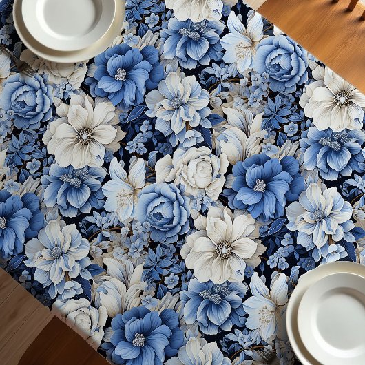Chique Blauw Wit Ivoor Bloemend Moderne Tafelkleed