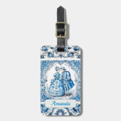 Chique Blauw wit lijsten toile de jouy monogram Bagagelabel (Voorkant verticaal)