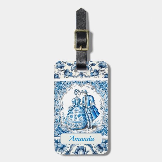 Chique Blauw wit lijsten toile de jouy monogram Bagagelabel (Voorkant verticaal)