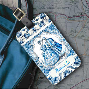 Chique Blauw wit lijsten toile de jouy monogram Bagagelabel