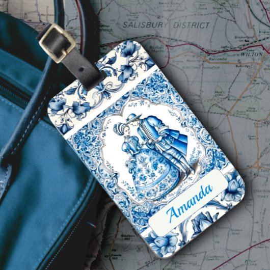 Chique Blauw wit lijsten toile de jouy monogram Bagagelabel