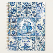 Chique Blauw wit lijsten toile de jouy monogram Planner (Voorkant)