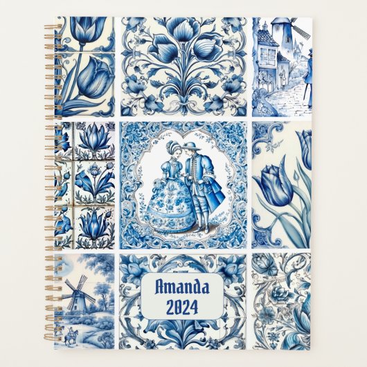 Chique Blauw wit lijsten toile de jouy monogram Planner (Voorkant)