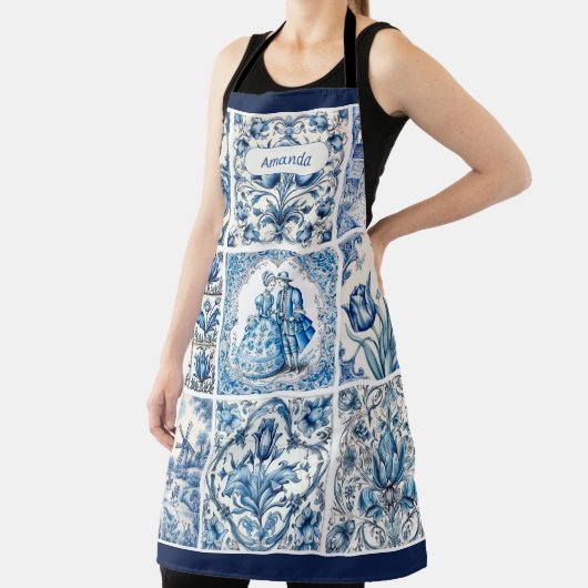 Chique Blauw wit lijsten toile de jouy monogram Schort (Insitu)
