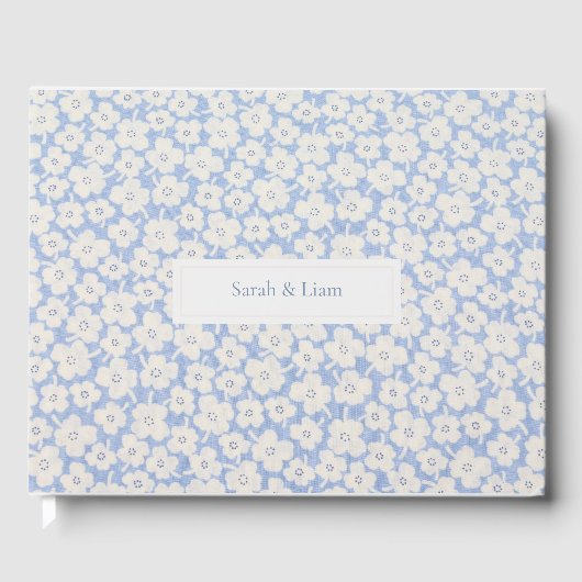 Chique Blauw Wit Paar Foto Bloemen Daisy Bruiloft Gastenboek (Voorkant)