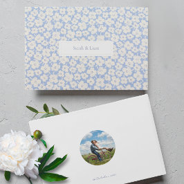 Chique Blauw Wit Paar Foto Bloemen Daisy Bruiloft Gastenboek