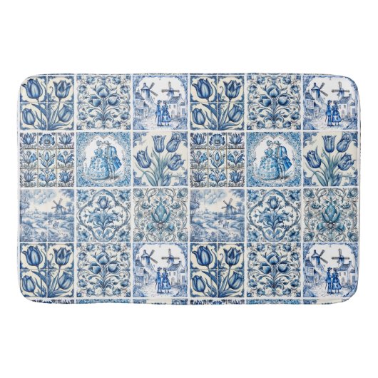 Chique Blauw wit toile de jouy Poppen en bloemen Badmat (Voorkant)